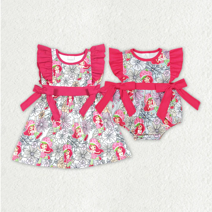 Baby Toddler Short Sleeves Strawberry Cartoon Girl Sibling Romper Dress RTS