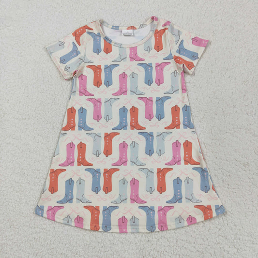Baby Girl Short Sleeves Western Boots Knee Length Dress RTS