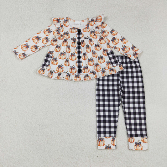 Baby Girl Long Sleeves Pumpkins Bows Pockets Tunic Plaid Pants Fall Set RTS