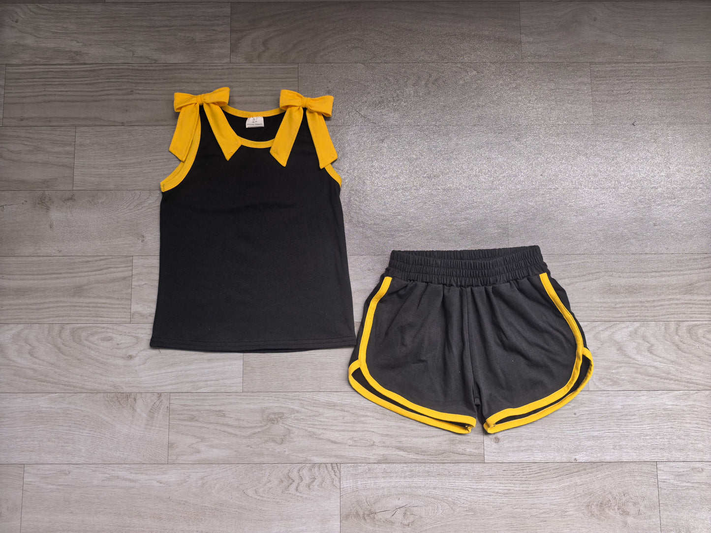( No moq ) Preorder Baby Girls Kids Yellow Bows Shirt Shorts Black Cotton Set Summer Clothes