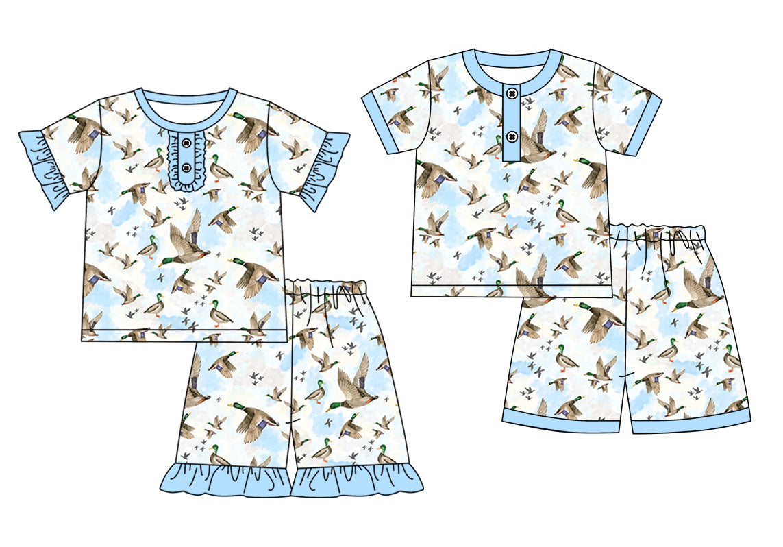 Baby Boy Girl Short Sleeves Ducks Blue Sibling Pajamas Set ( Moq 5 Each Style ) 3.20