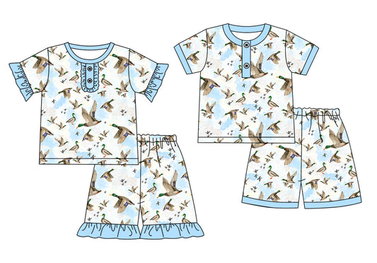 Baby Boy Girl Short Sleeves Ducks Blue Sibling Pajamas Set ( Moq 5 Each Style ) 3.20