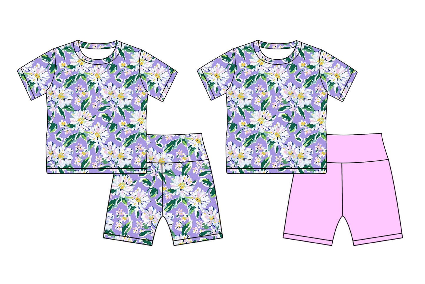 Baby Girl Short Sleeves Purple Flower Shorts Sibling Sports Set ( Moq 5 Each Style ) 2.18