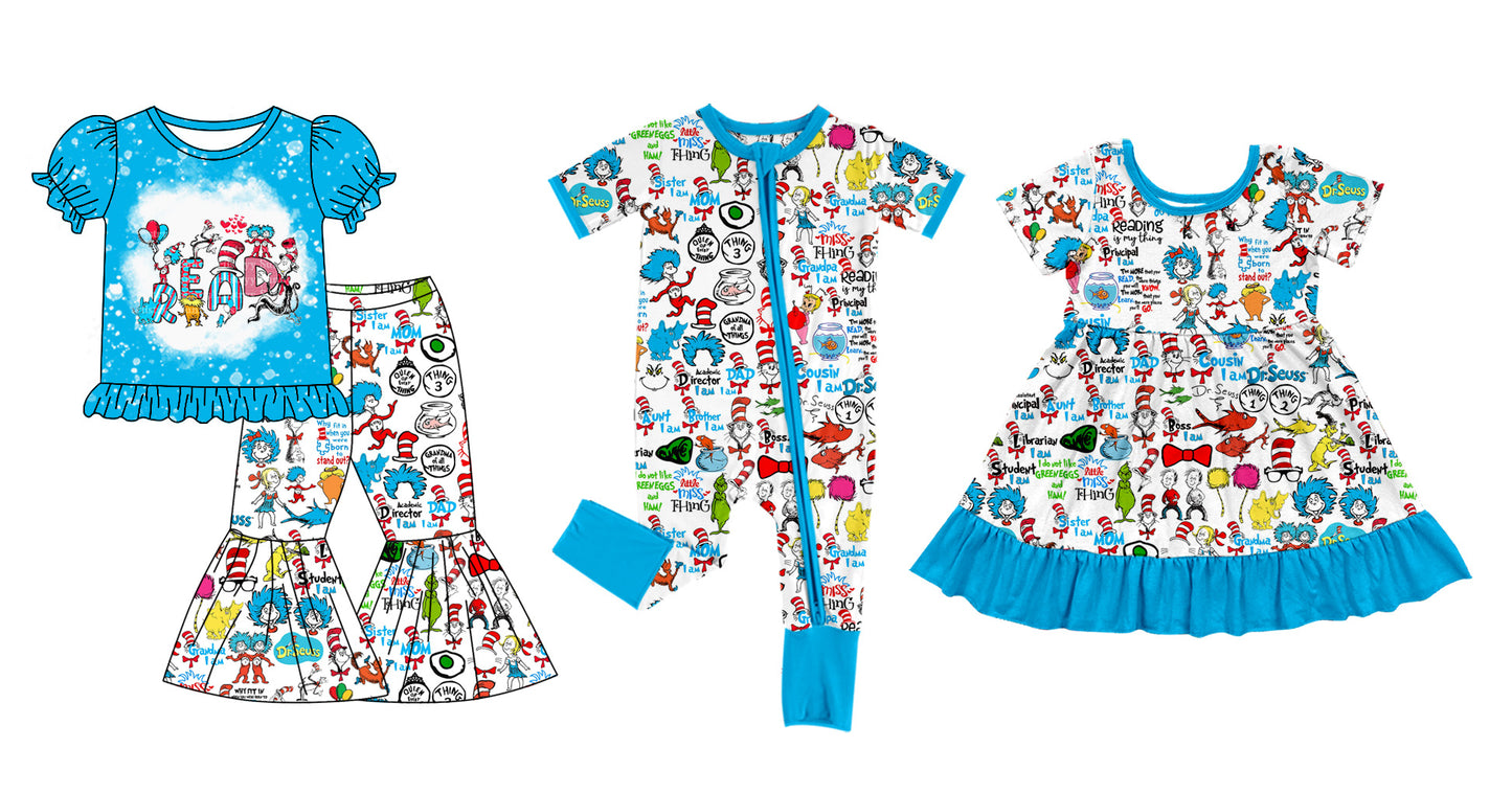 Baby Girl Short Sleeves Reading Sibling Blue Romper Dress Clothes Set ( Moq 5 Each Design )11.30