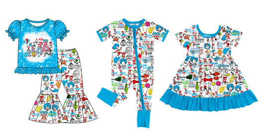 Baby Girl Short Sleeves Reading Sibling Blue Romper Dress Clothes Set ( Moq 5 Each Design )11.30
