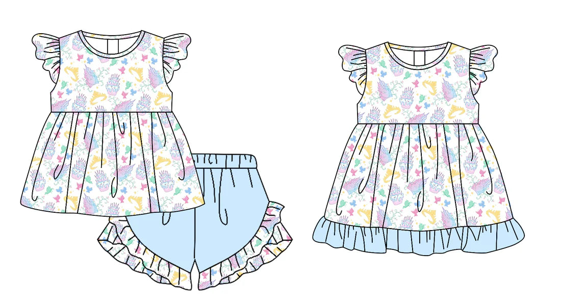 ( Moq 5 Each Style ) Baby Girls Kids Short Sleeves Castles Cakes Sibling Dress Set