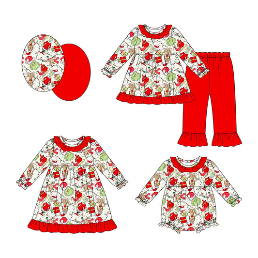 ( Moq 5 Each Style ) Baby Girl Toddler Green Face Christmas Sibling Romper Dress Set