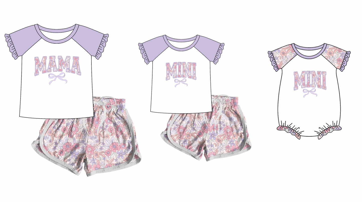 Baby Girl Adult Women Mama Mini Flower Purple Bow Sibling Family Romper Set ( Moq 5 Each Style ) 12.10