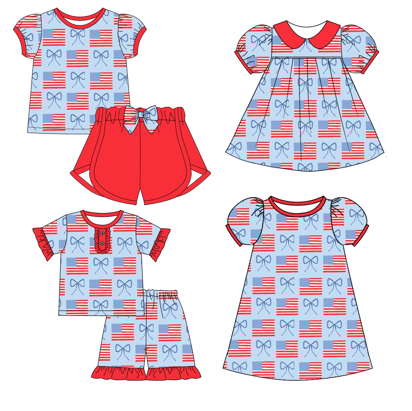 Baby Girl July 4th Flags Bows Sibling Dress Set ( Moq 5 Each Style ) 12.31