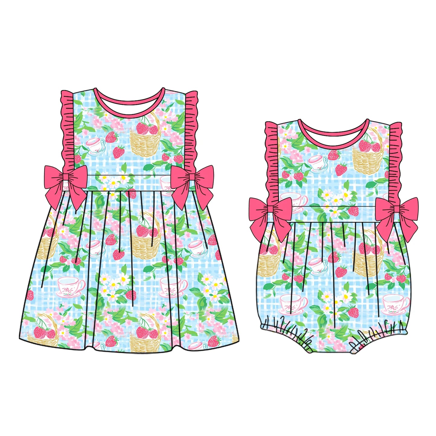 ( Moq 5 Each Style ) Baby Girls Strawberry Flower Bows Sibling Summer Romper Set