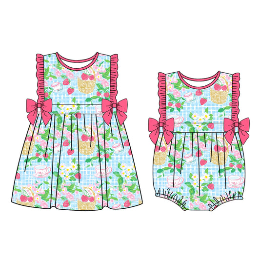 ( Moq 5 Each Style ) Baby Girls Strawberry Flower Bows Sibling Summer Romper Set