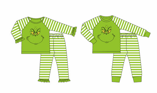 ( Moq 5 Each Style ) Baby Girl Toddler Green Face Stripes Christmas Sibling Pajamas Set