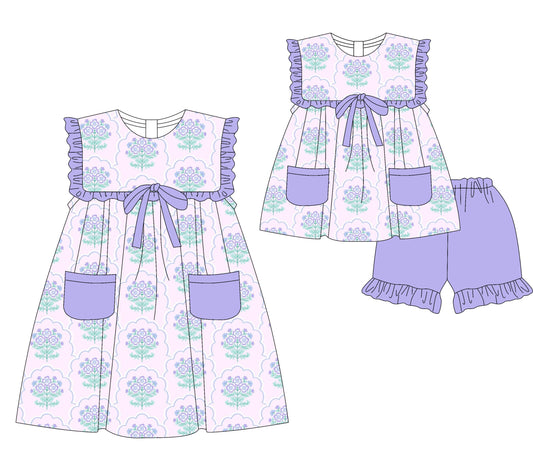 Baby Girl Flower Purple Bows Pockets Sibling Dress Set ( Moq 5 Each Style ) 4.1