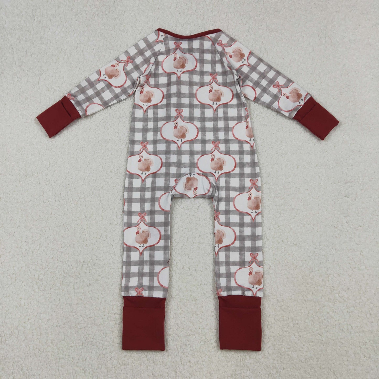 Sibling Girls Kids Long Sleeves turkey Bows Plaid Thanksgiving Zipper Romper Pajamas Clothes Set RTS