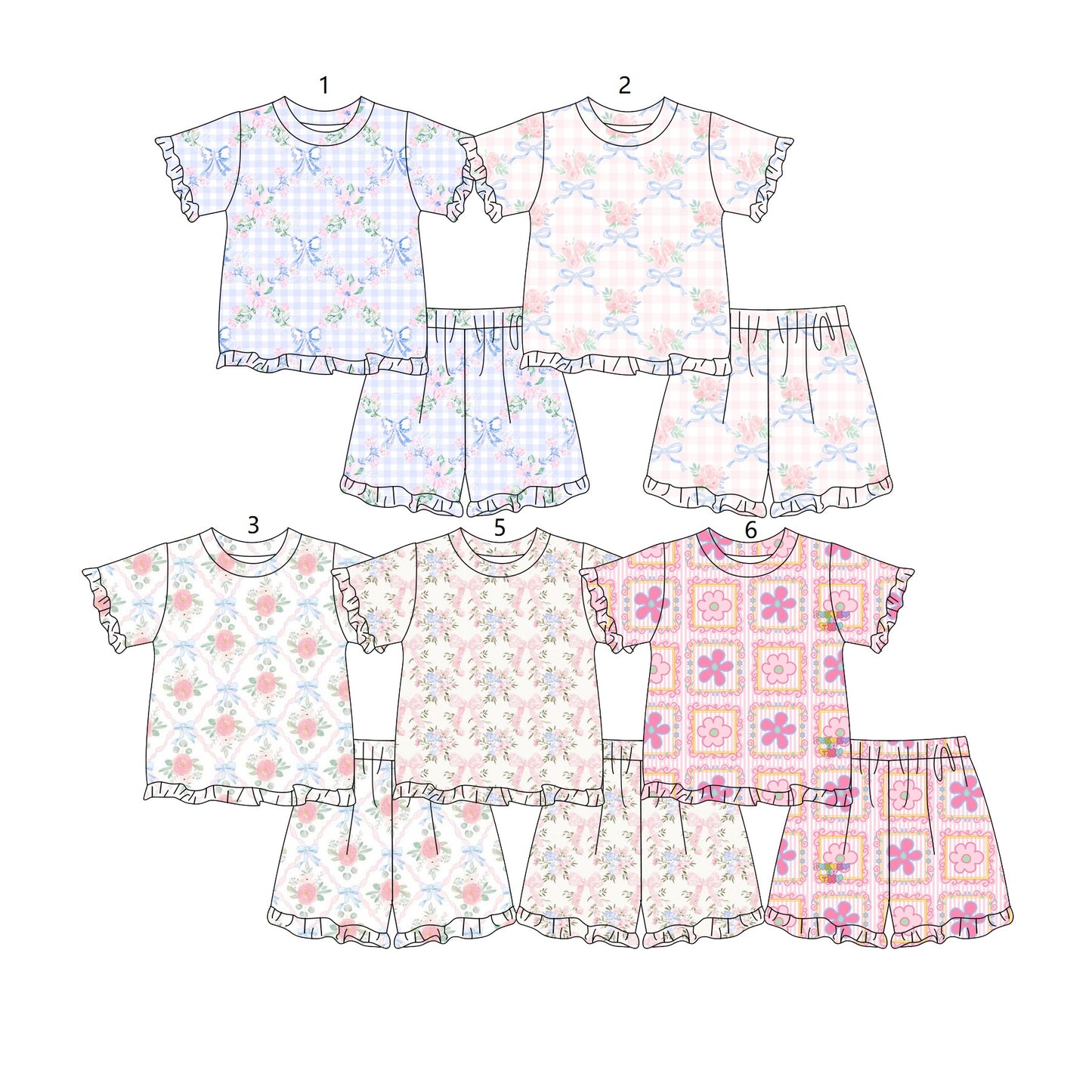 ( Moq 5 Each Style ) Sibling Baby Girls Kids Short Sleeves Bows Flower Shirts Shorts Summer Sets