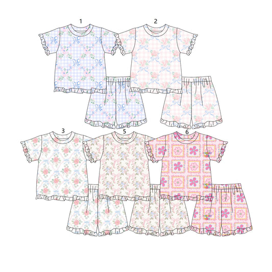 ( Moq 5 Each Style ) Sibling Baby Girls Kids Short Sleeves Bows Flower Shirts Shorts Summer Sets