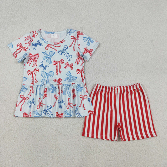 Baby Girls Short Sleeves Bows Tops Stripes Shorts July 4th Clothes Set RTS