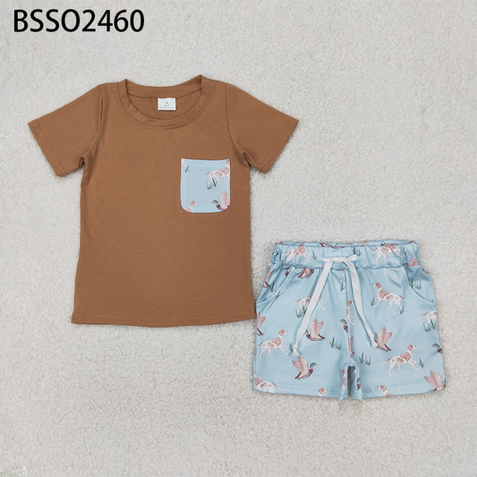 Baby Boy Short Sleeves Pocket Shirt Ducks Dogs Short Clothes Hunting Set RTS