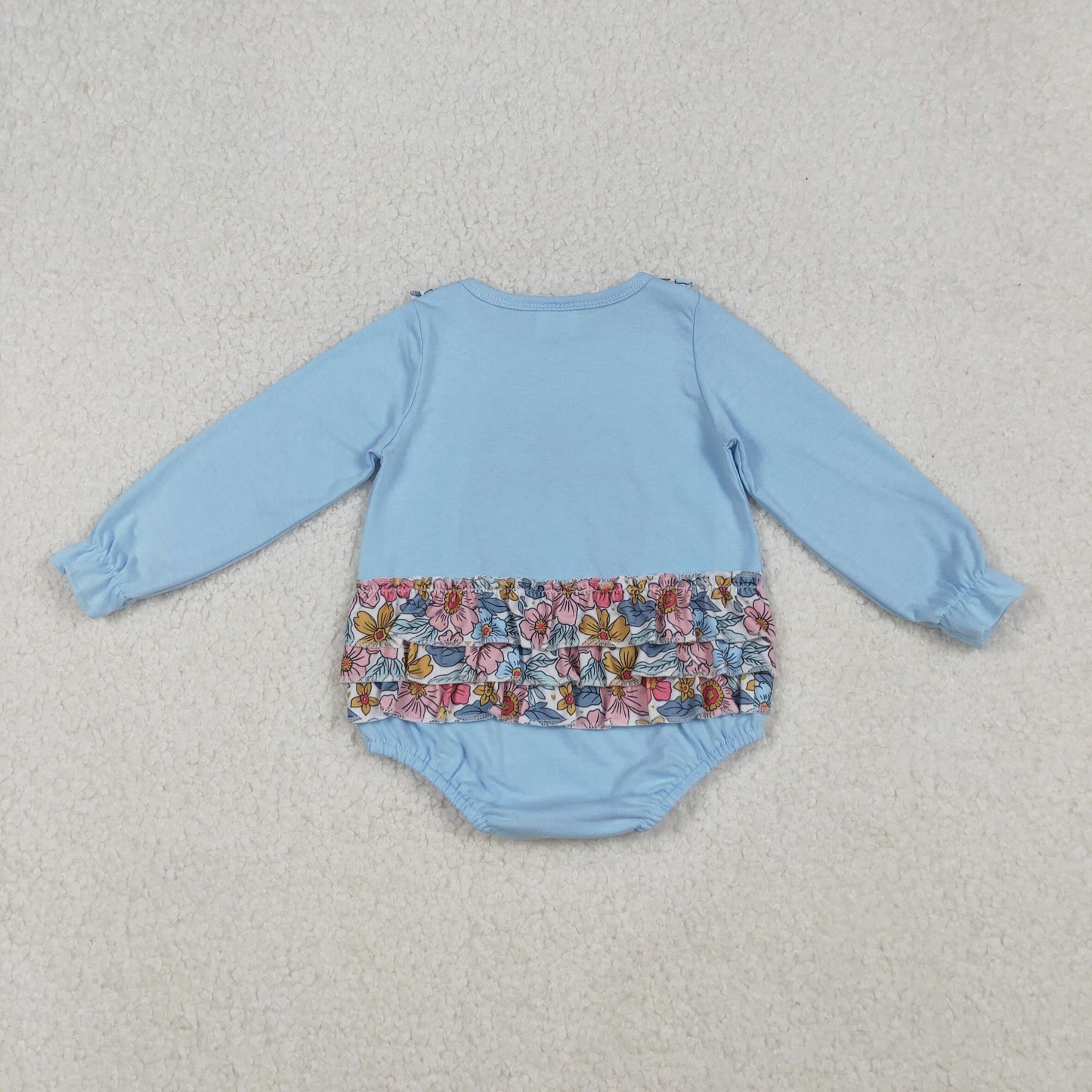 Baby Girl Blue Long Sleeves Floral Embroidery Bow Pumpkin Ruffle Bubble Fall Romper RTS