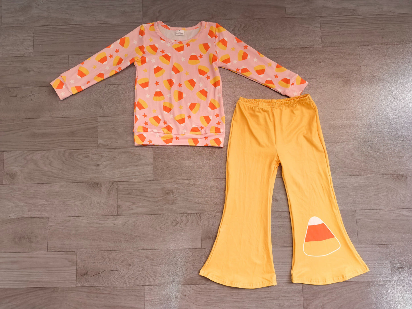 ( No moq ) Preorder Baby Girls Kids Long Sleeves Candy Corn Shirt Bell Pants Halloween Set Clothes