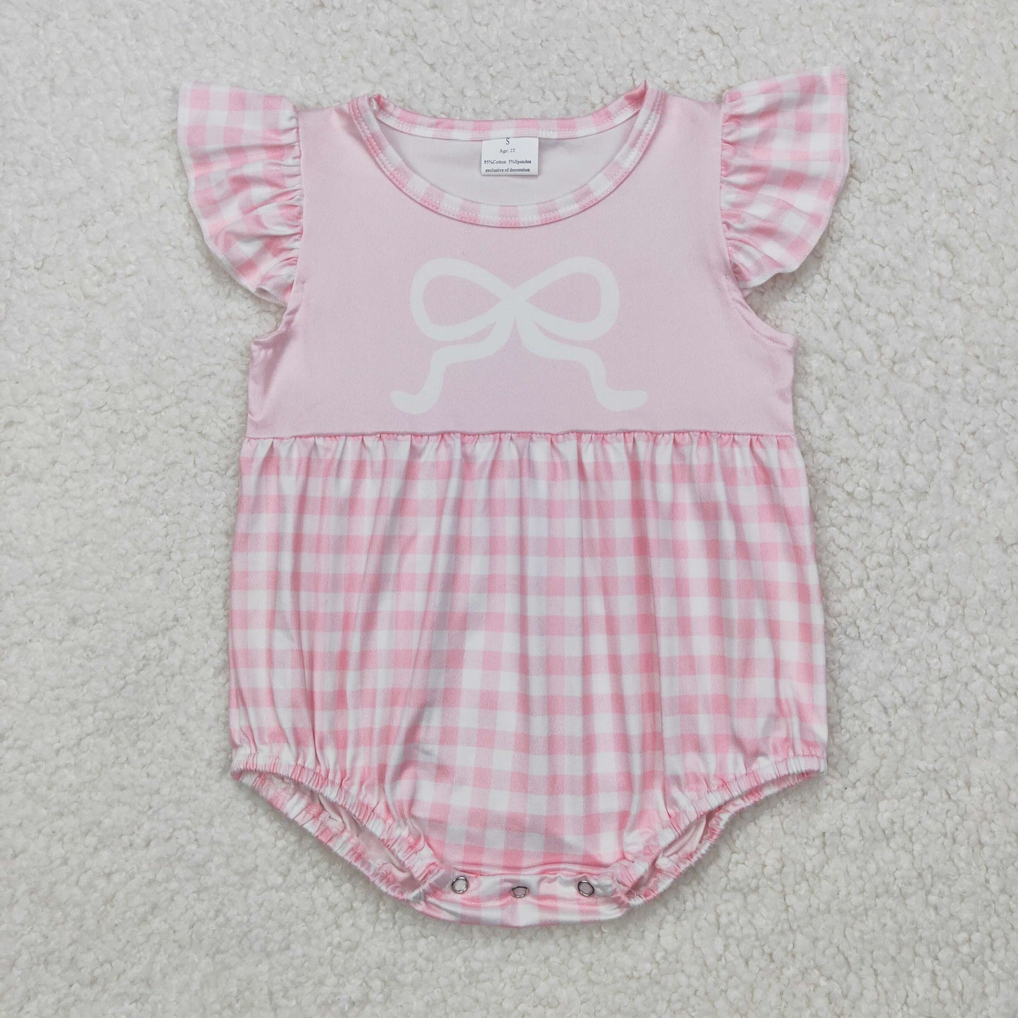 Baby Girl Infant Short Sleeves Bow Pink Plaid Bubble Romper