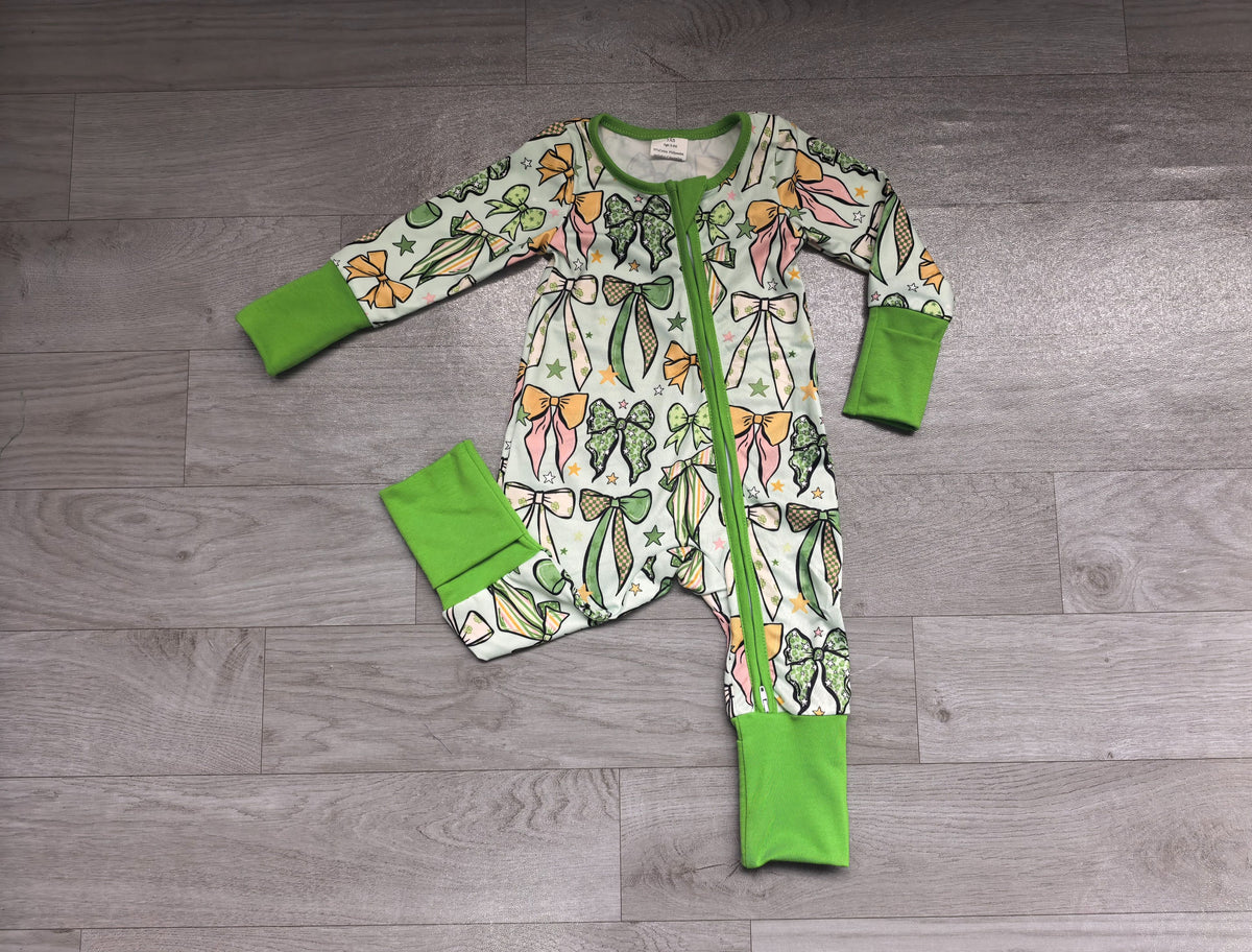 ( No moq ) Preorder Baby Girls Kids Bows Zipper Footie Romper St. Patrick Green Clothes