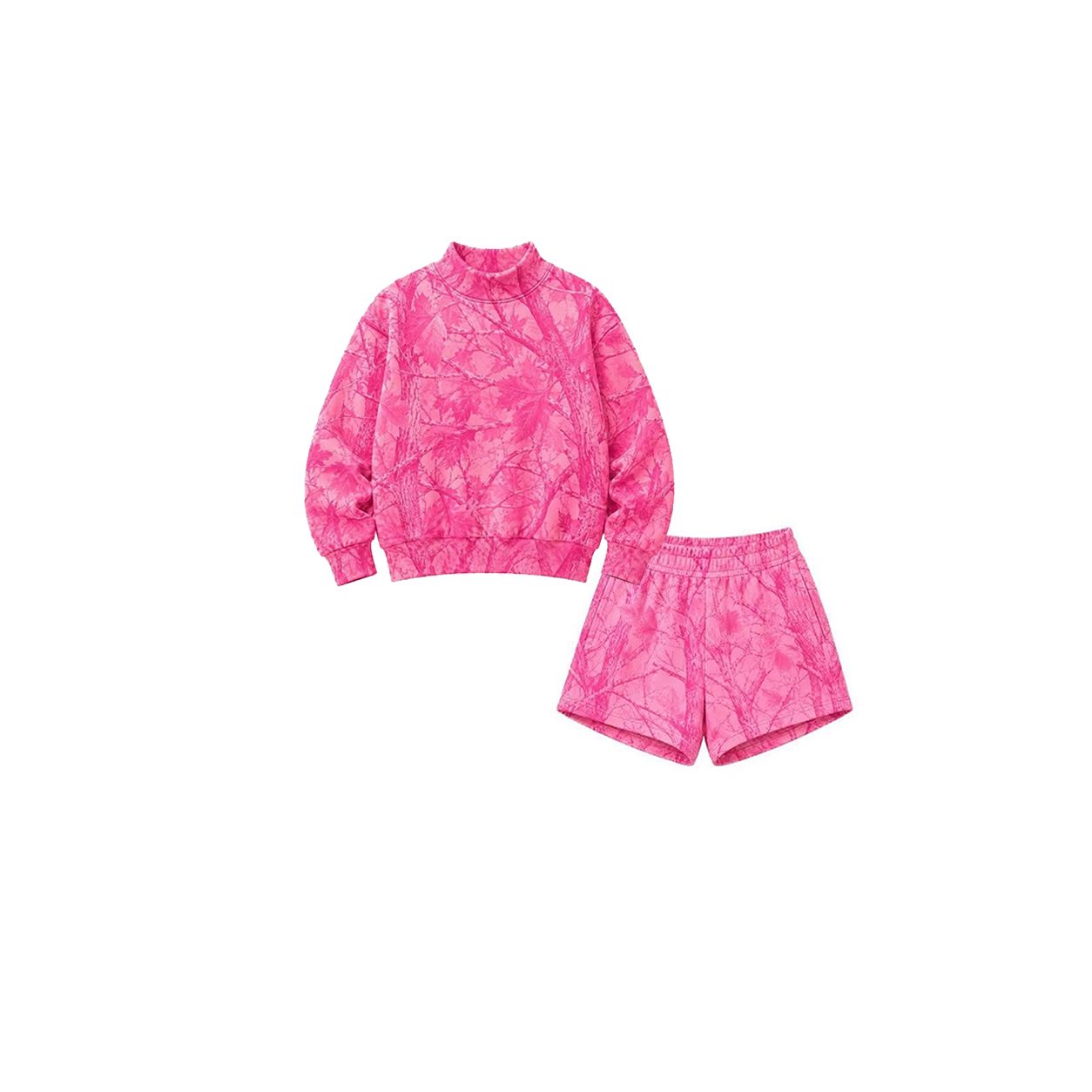 ( Moq 5 ) Preorder Baby Girls Kids Pink Long Sleeves Leaves Shirt Pockets Shorts Camo Set Clothes