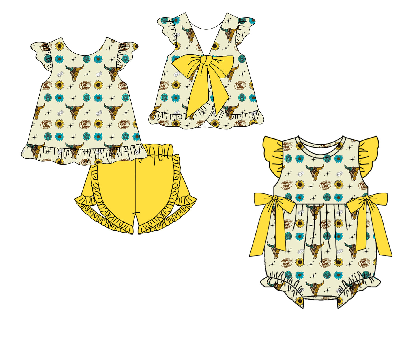 ( Moq 5 Each Style ) Baby Girls Kids Toddler Cows Flower Sibling Western Yellow Romper Set