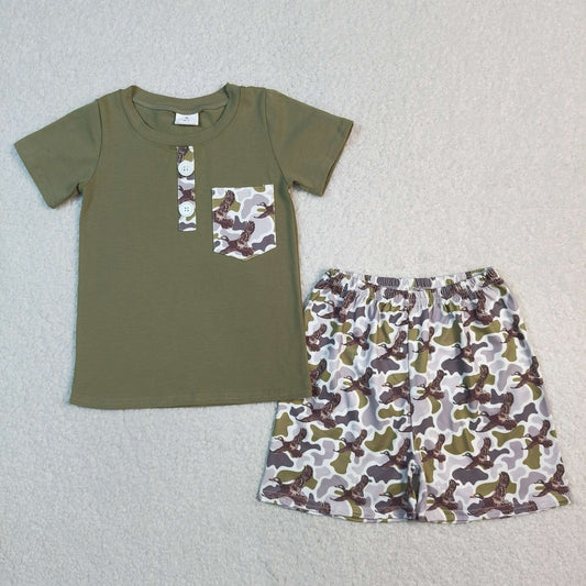 Baby Boys Dark Green Short Sleeves Buttons Pocket Shirt Ducks Camo Shorts Set RTS