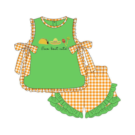 ( Moq 5 ) Preorder Baby Girl Kids Bows Green Tops Plaid Ruffle Shorts Set Summer Clothes