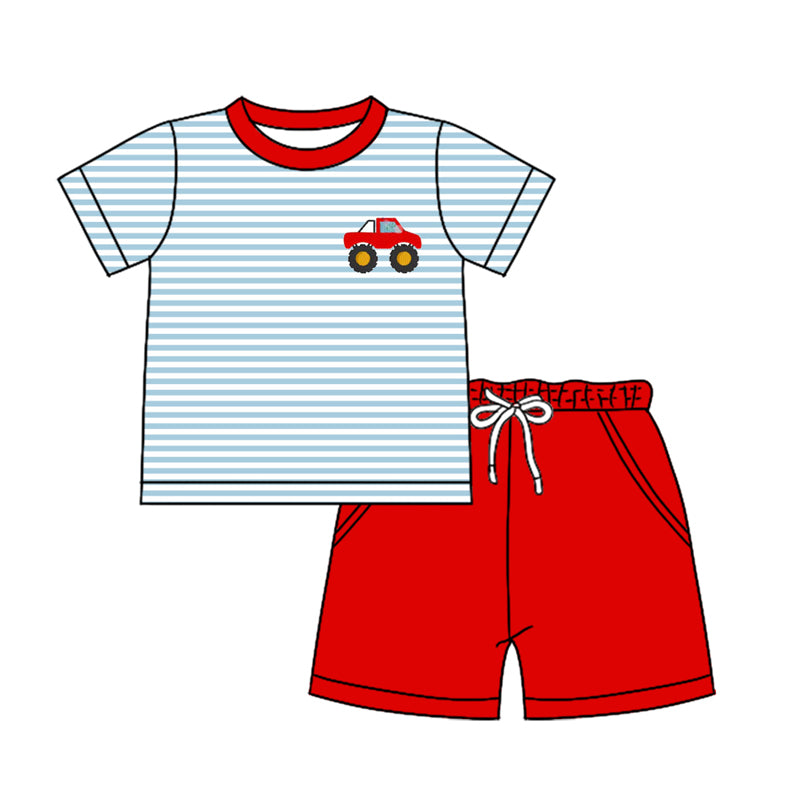 Baby Boy Short Sleeves Stripes Truck Shirt Red Pockets Shorts Clothes Set Moq 5