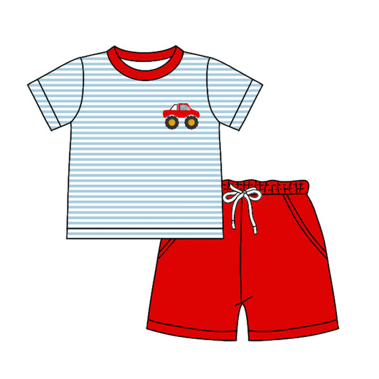 Baby Boy Short Sleeves Stripes Truck Shirt Red Pockets Shorts Clothes Set Moq 5