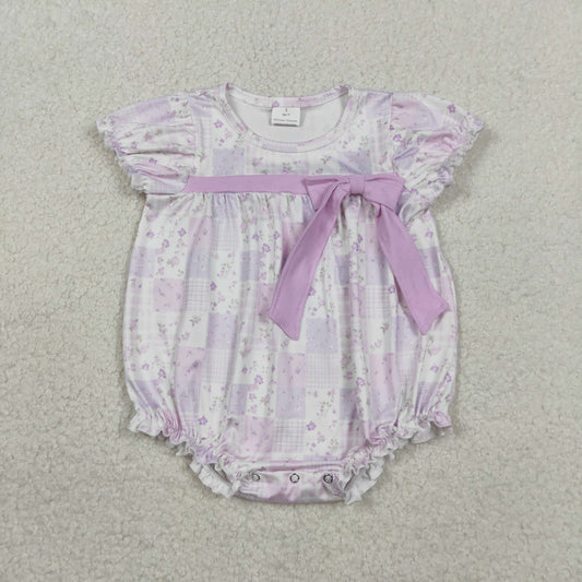 Baby Girls Kids Short Sleeves Flower Plaid Bows Lavender Summer Romper RTS