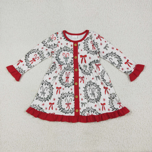Baby Girl Long Sleeves Bows Buttons Christmas Knee Length Dress RTS