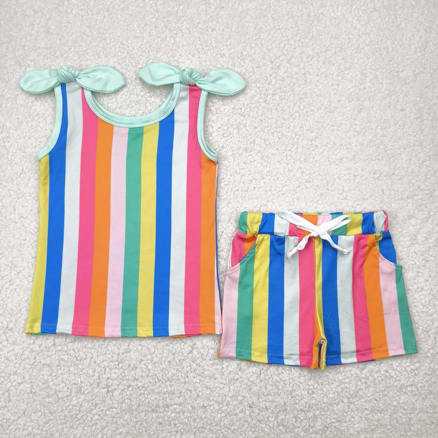 Baby Girl Straps Colorful Strips Shirt Pockets Shorts RTS