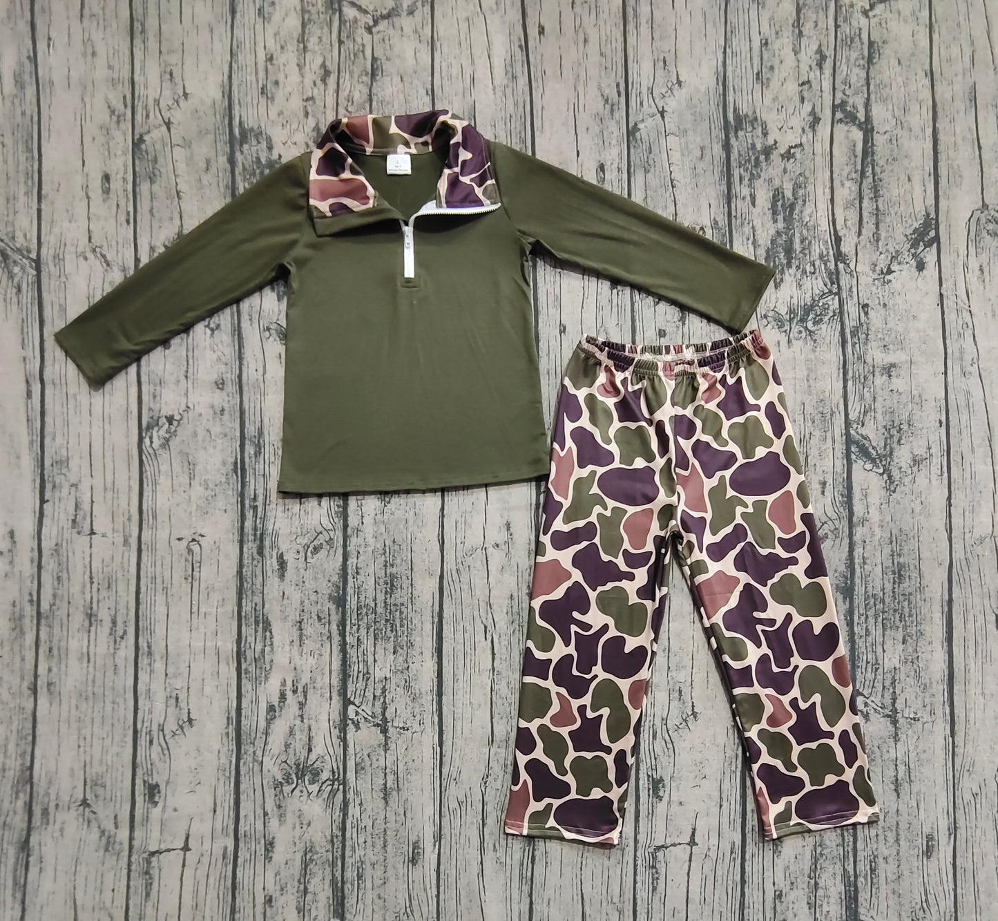Baby Boy Long Sleeves Zipper Cotton Dark Green Shirt Camo Pants Set RTS