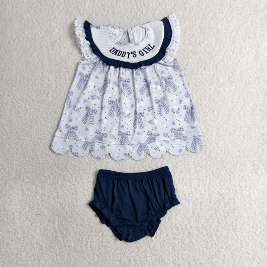 Baby Girls Kids Embroidery Smocked Daddy's Girl Bows Flower Tops Navy Bummie Set Clothes