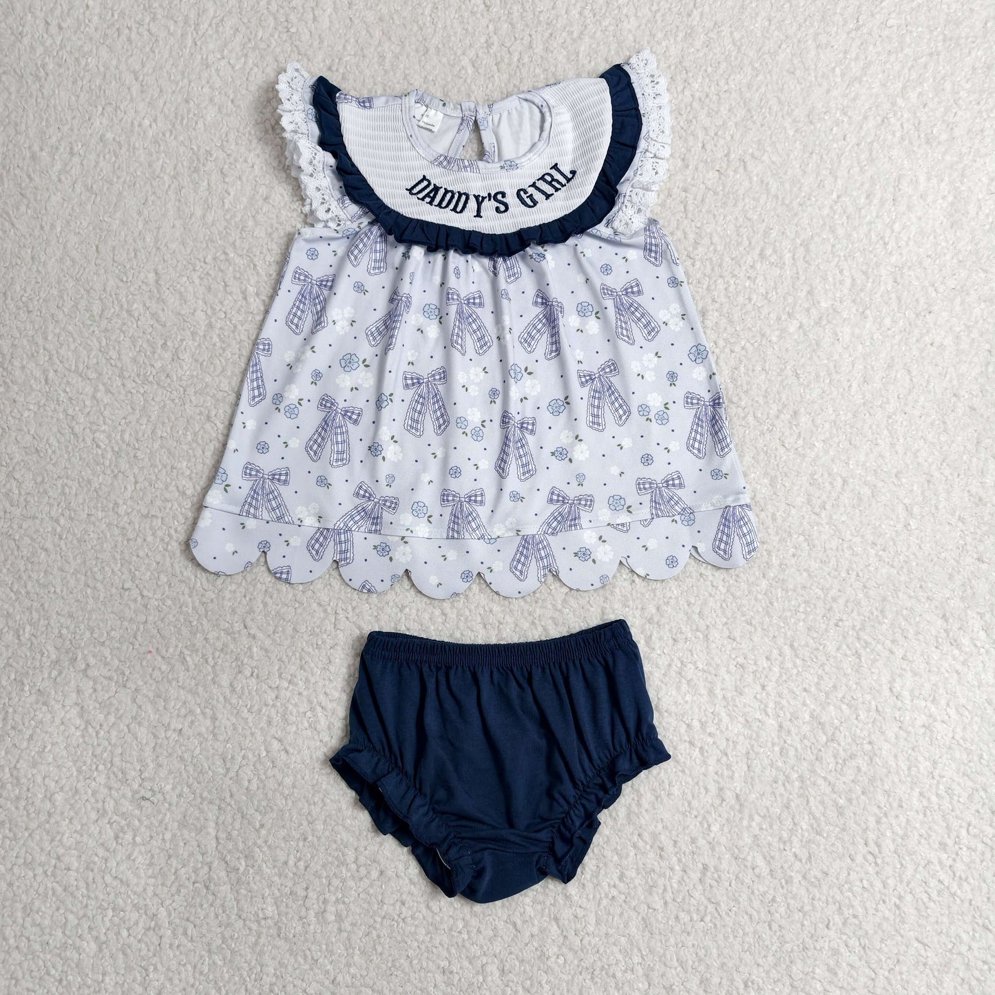 Baby Girls Kids Embroidery Smocked Daddy's Girl Bows Flower Tops Navy Bummie Set Clothes