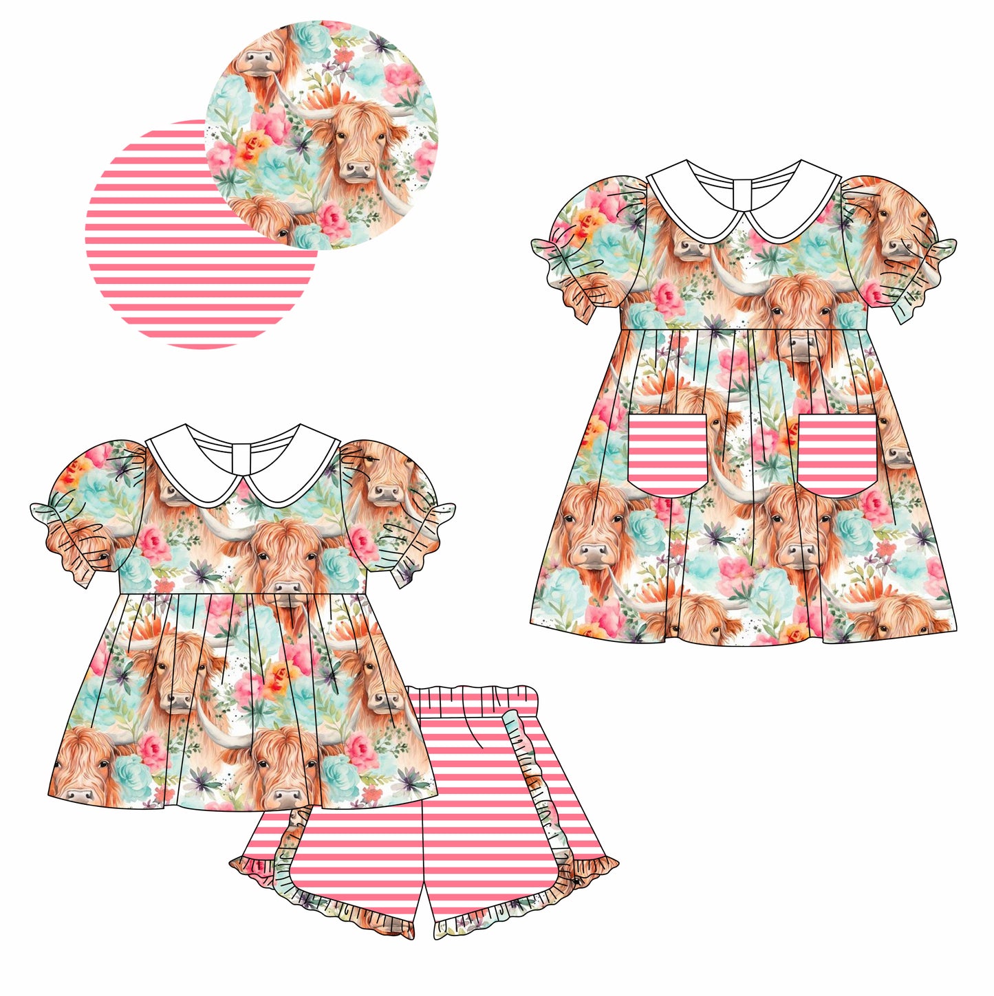 Baby Girl Short Sleeves Cow Flower Sibling Dress Clothes Set ( Moq 5 Each Design )11.25