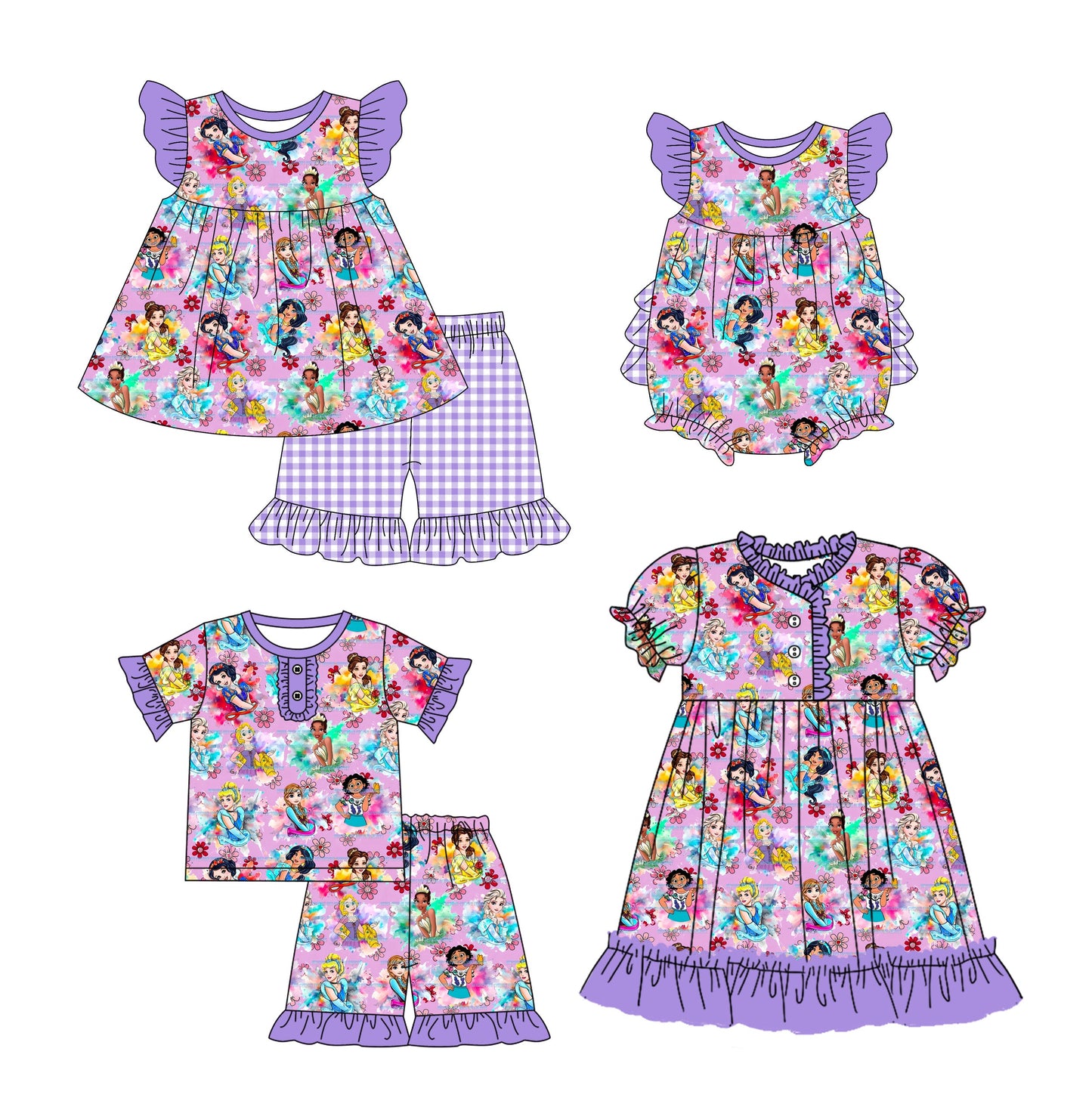 Baby Girl Short Sleeves Princess Flower Purple Sibling Romper Dress Set ( Moq 5 Each Design ) 12.11