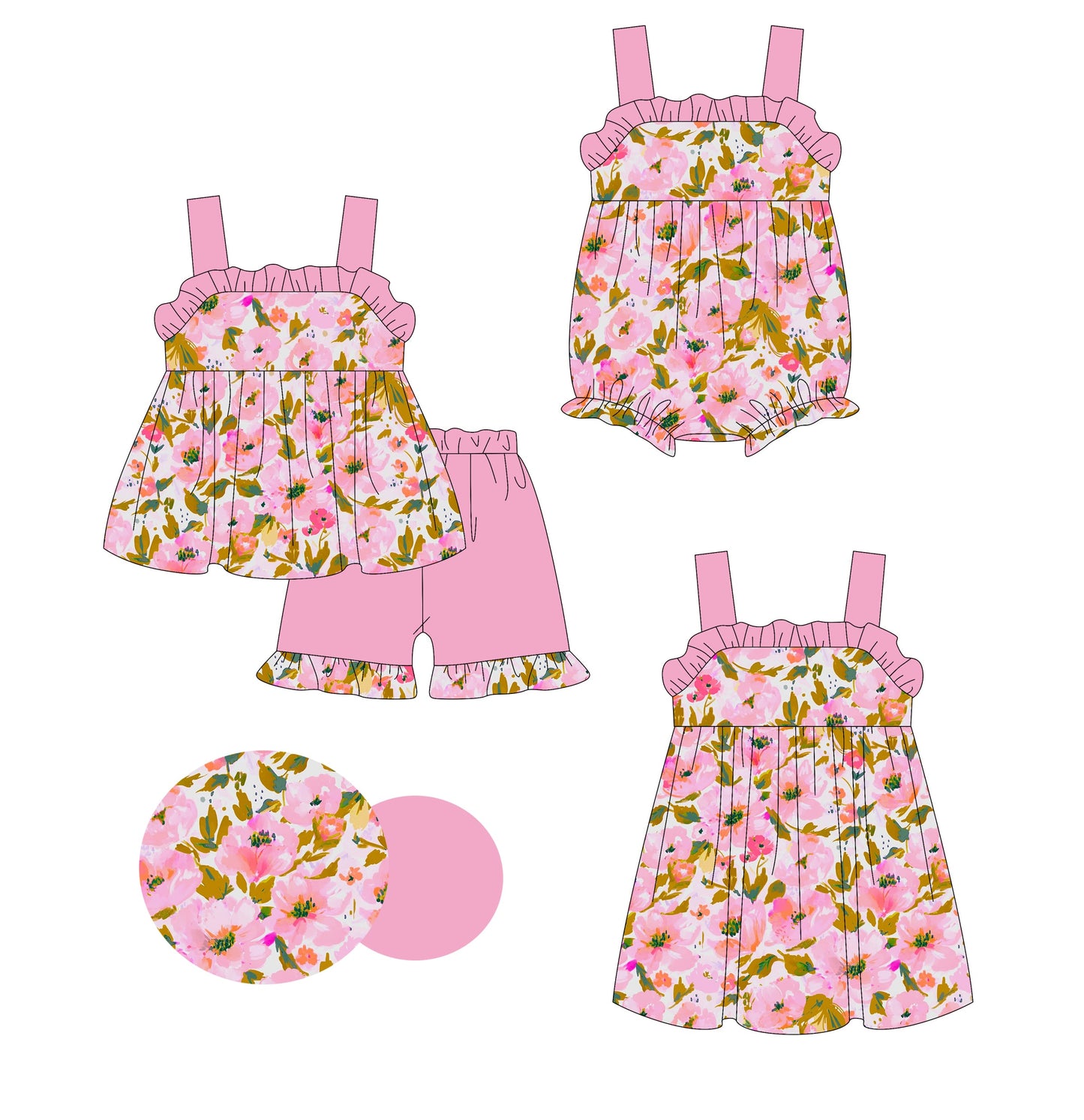 Baby Girl Straps Pink Flower Sibling Romper Dress Set ( Moq 5 Each Style ) 3.6