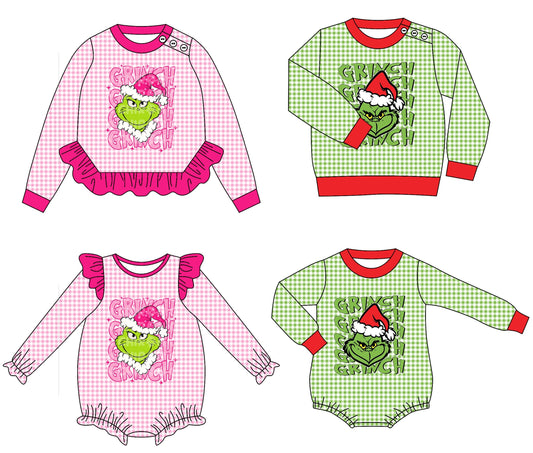 ( Moq 5 Each Style ) Baby Boy Girl Toddler Green Face Christmas Sibling Romper Shirt