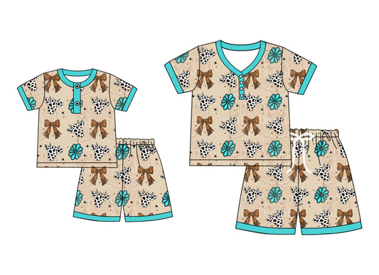 ( Moq 5 Each Style ) Baby Girl Adult Women Western Bows Cow Buttons Sibling Summer Mommy And Me Family Pajamas Set 4.21