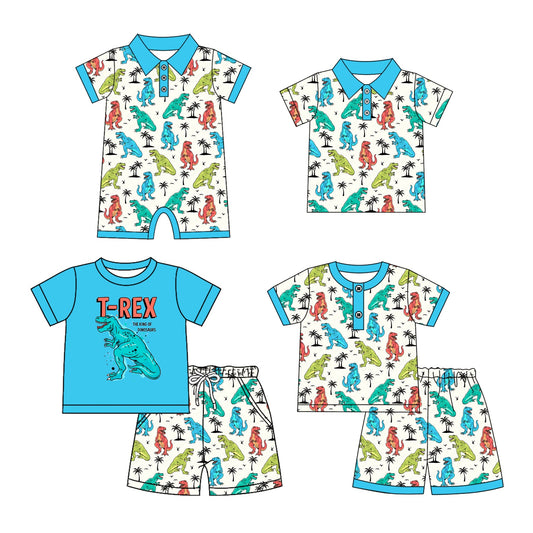 ( Moq 5 Each Style ) Baby Boy Toddler Short Sleeves Dinosaurs Blue Sibling Brown Shirt Romper Set 4.25
