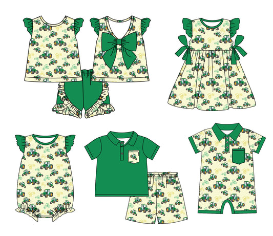 Baby Boy Girl Short Sleeves Tractors Sibling Green Romper Dress Set ( Moq 5 Each Style ) 12.17