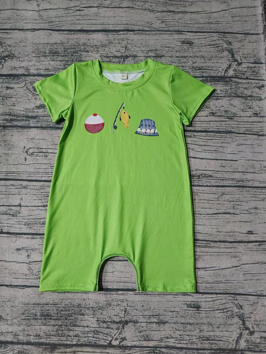( Moq 5 ) Baby Boy Short Sleeves Fishing Green Summer Romper