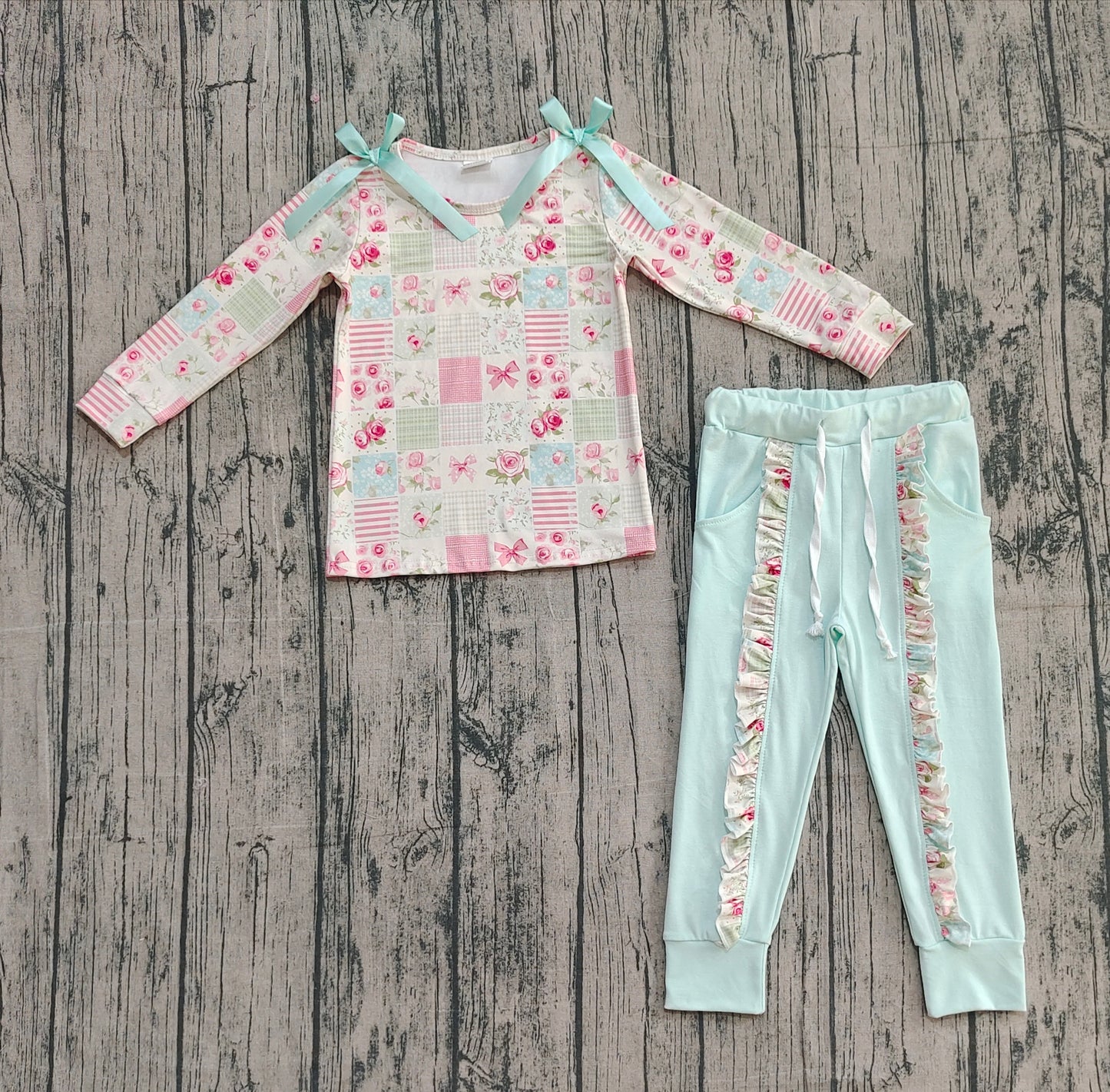( No moq ) Preorder Baby Girl Long Sleeves Flower Plaid Ruffle Shirt Pants Set