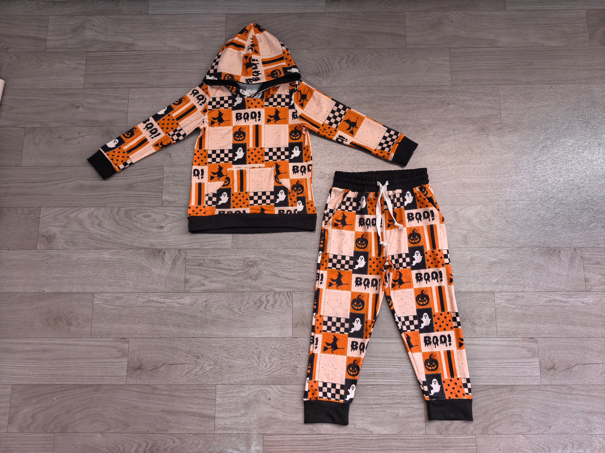 ( No moq ) Preorder Baby Boys Kids Ghost Halloween Hoodie Pullover Pockets Pants Set Clothes