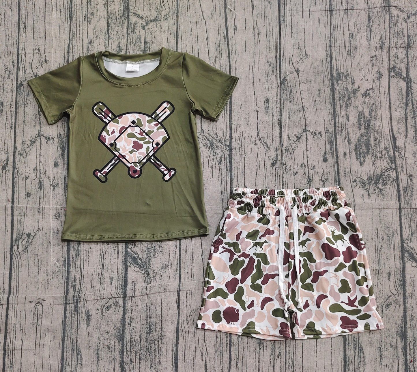 ( No moq ) Baby Boys Short Sleeves Baseball Shirt Camo Ducks Deer Shorts Clothes Set