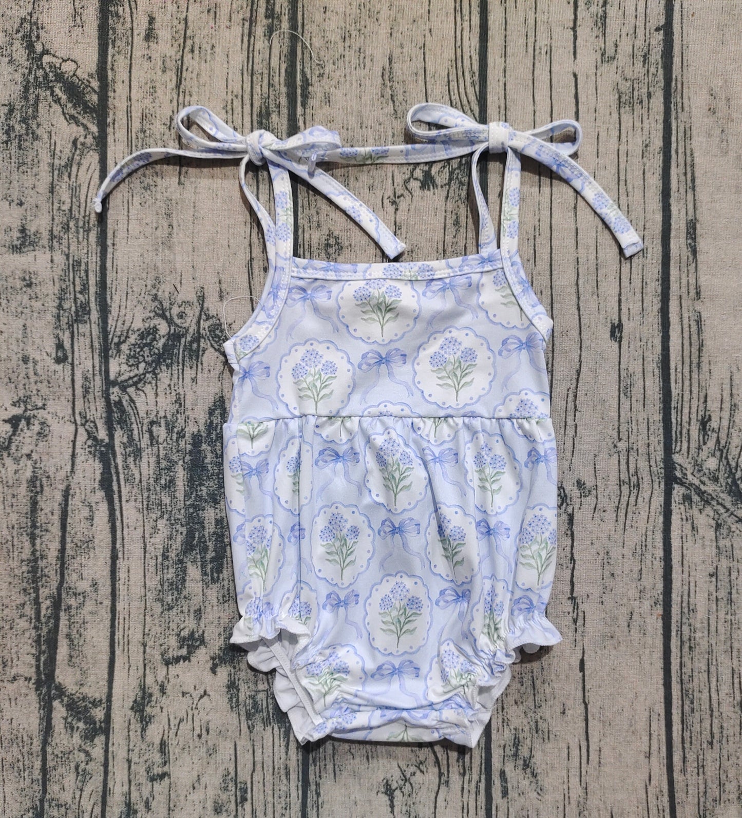 Baby Girl Blue Straps Bows Flower Ruffle Bubble Romper RTS